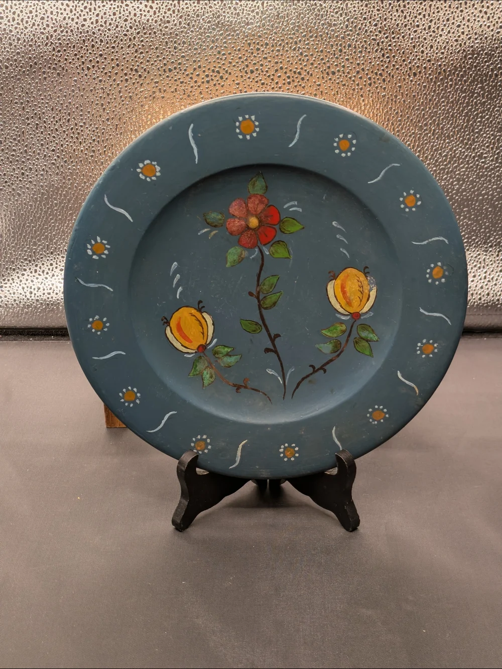 Hand-Painted Folk Art Floral Wooden Decorative Plate - Blue Vtg Norwegian